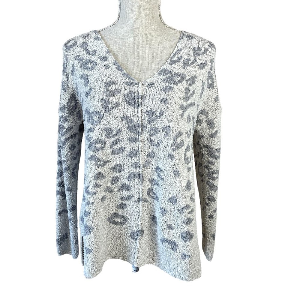 Knox Rose Leopard Print Knit Sweater Womens Size S Off White Gray V Neck Side Sp - Picture 2 of 15